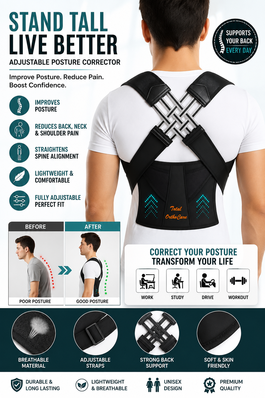 Posture Corrector Free Size Designed to provide exceptional Back Straight And Shoulder Support Belt